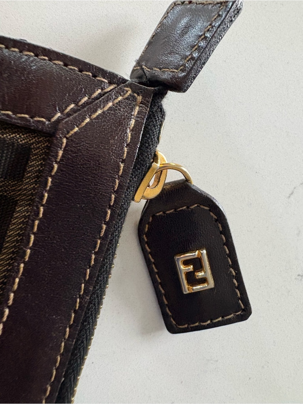 Fendi Brown FF Logo Canvas Pouch with brown leather trim - Picture 3 of 11